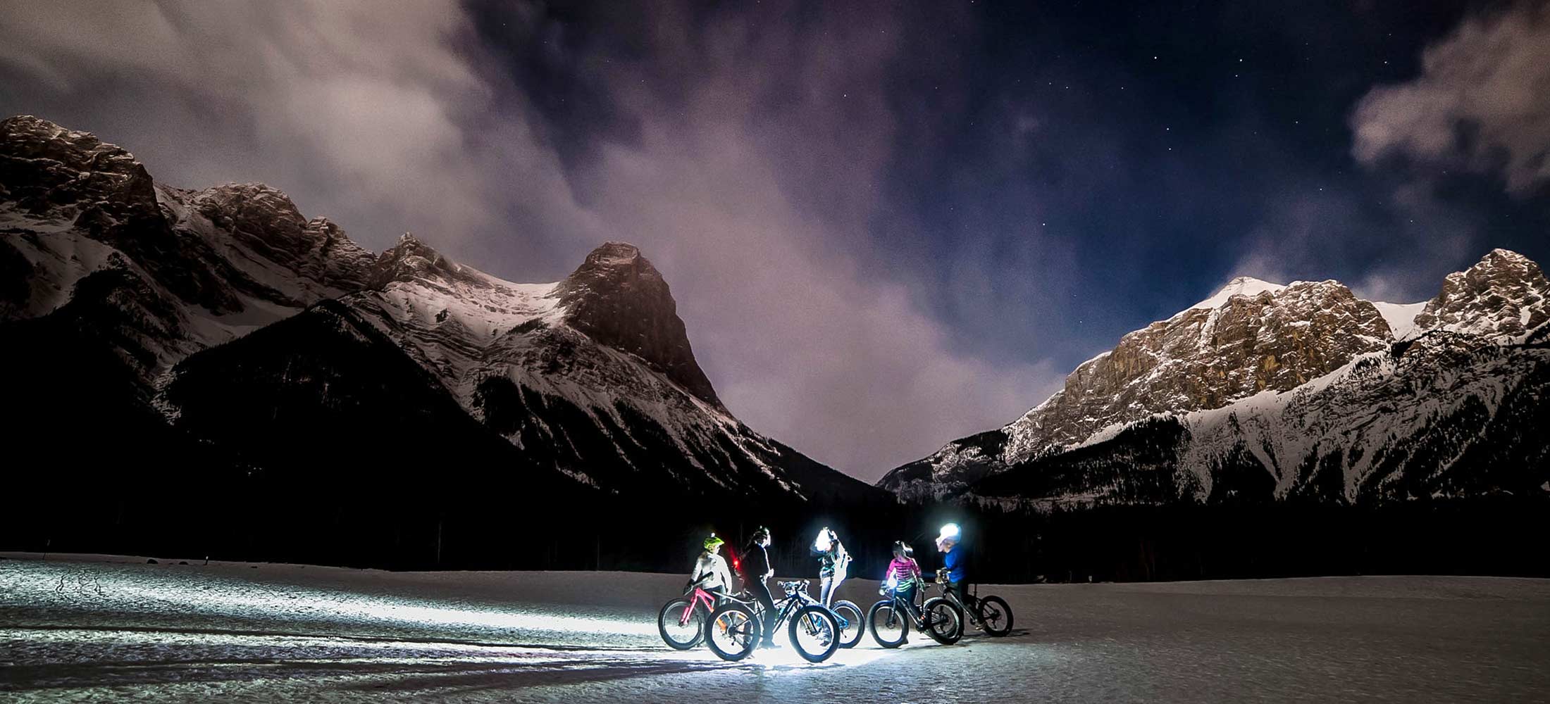 Night time winter bike ride in Canmore, Alberta